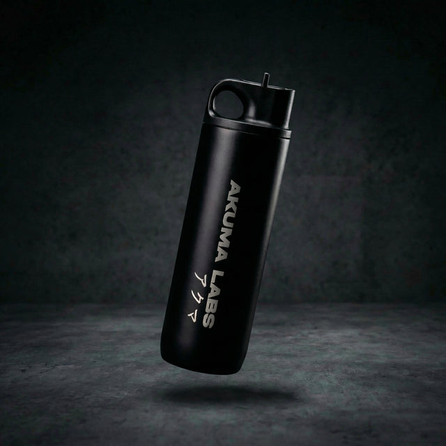 Black Akuma Labs insulated water bottle with flip up straw