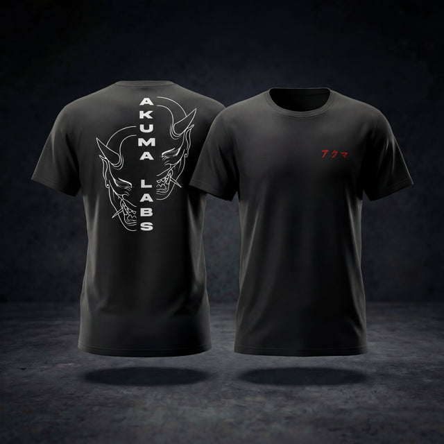 Oni T-shirt front and back: embroidered アクマ chest and oni mask Akuma Labs rear print