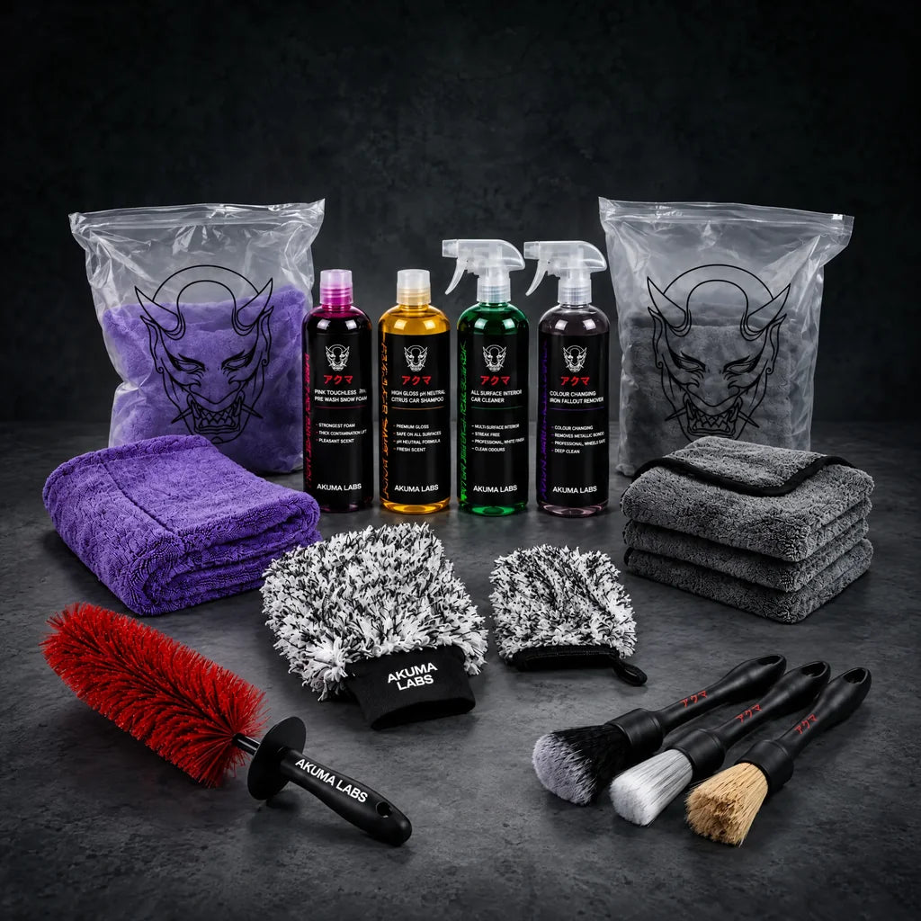 The full Akuma Labs range: four formulas, drying towels, wash mitts and detailing brushes