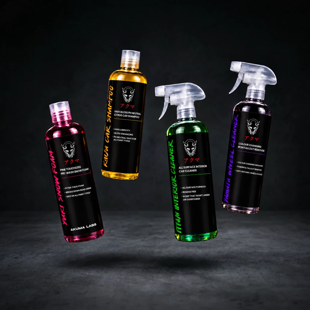 The Ritual: Yuki snow foam, Raiju shampoo, Ittan interior cleaner and Yamata wheel cleaner, all four Akuma Labs formulas
