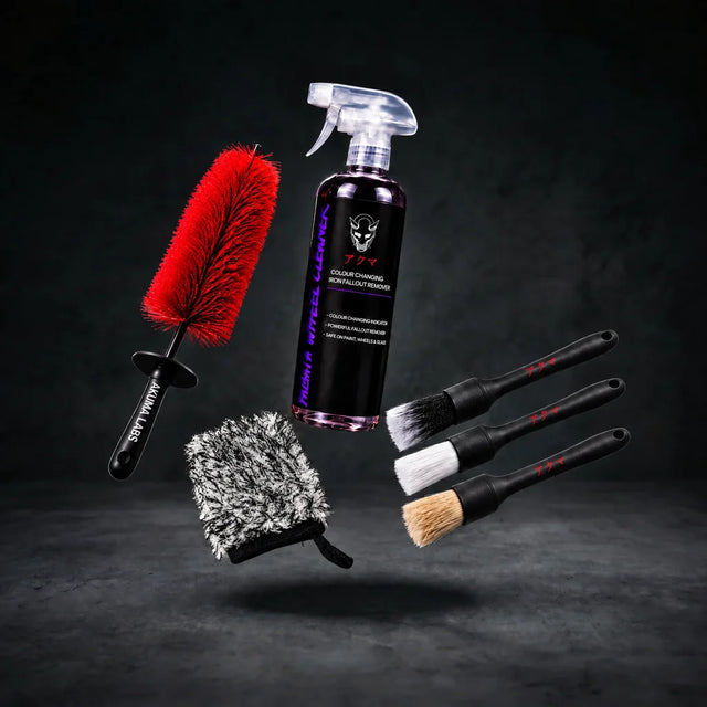 The Wheel Kit: Yamata colour changing wheel cleaner, Akashita wheel barrel brush, Yamako Jr wheel mitt and Kappa 3-piece detailing brush set